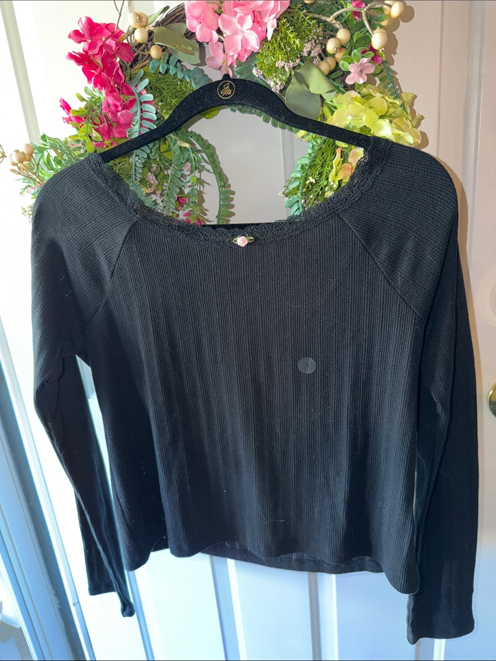 Aeropostale Black Ribbed Long-Sleeve Top with Lace Trim